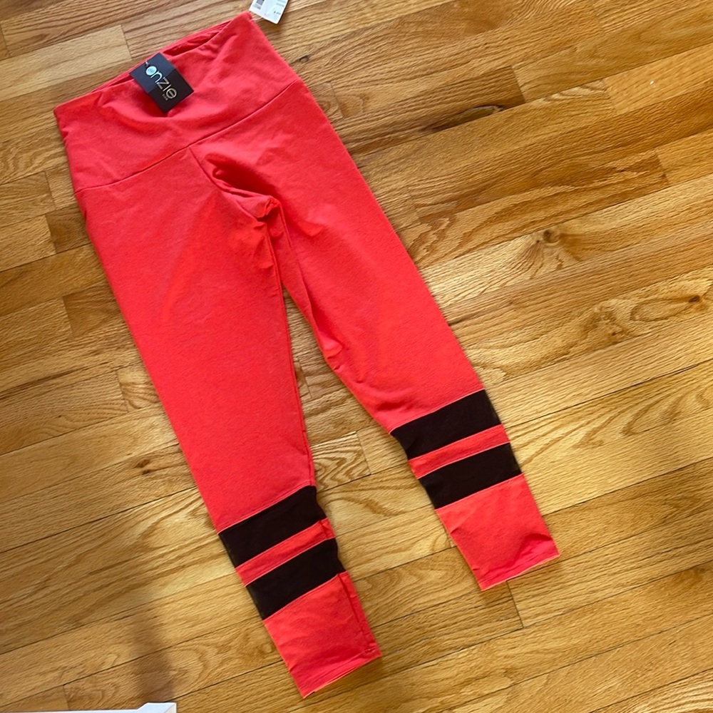 Onzie leggings NWT Size S Bright Orange/Black Sheer
